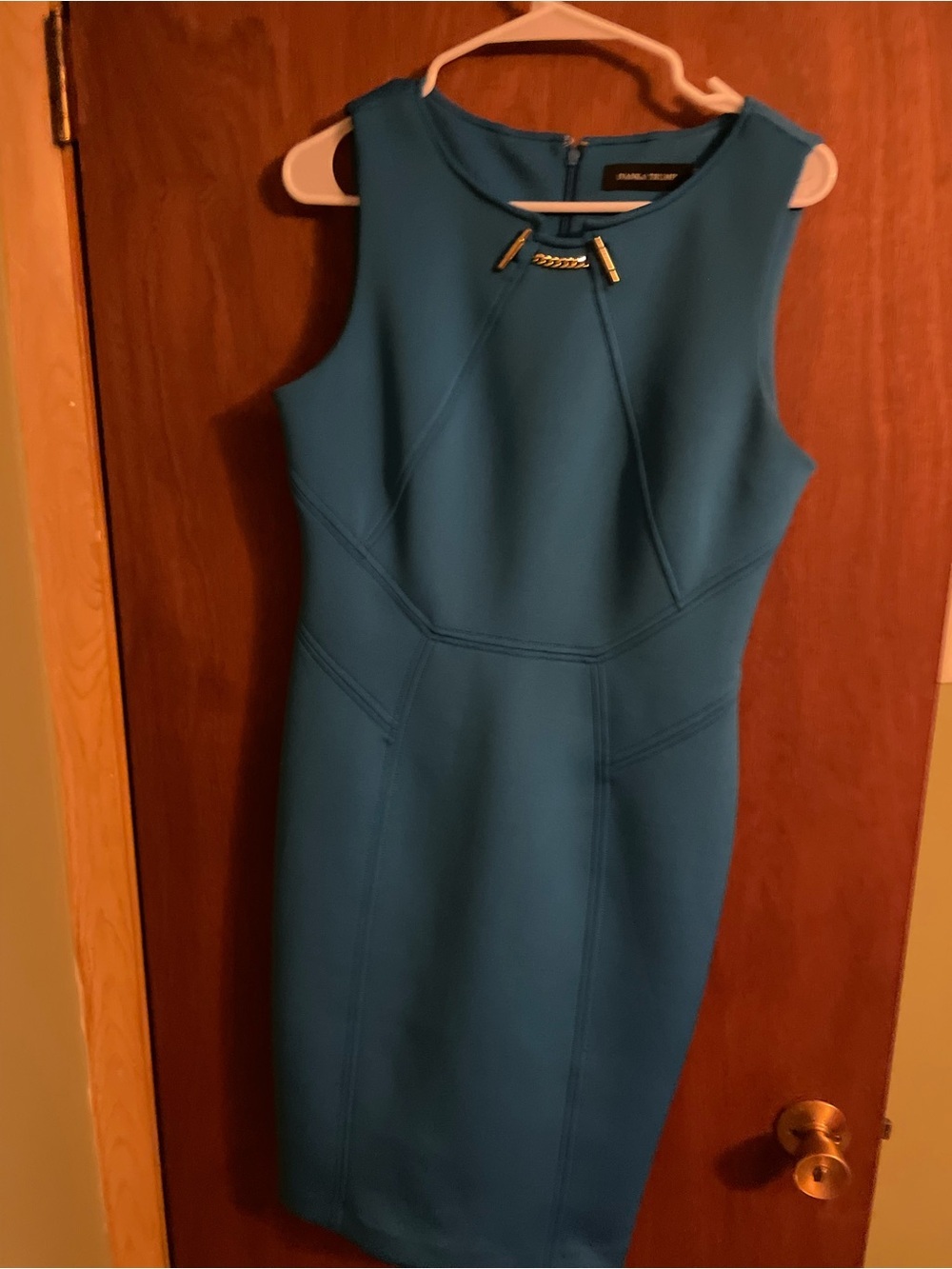 Ivanka Trump Teal Sleeveless Sheath Dress with Gold Accent. Size 8.  Luxury